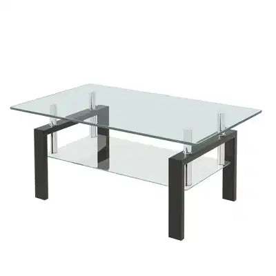 MAYEERTY 2-Tier Clear Glass Tempered Glass Coffee Table, Modern Rectangular Tea Table with Storage Shelf