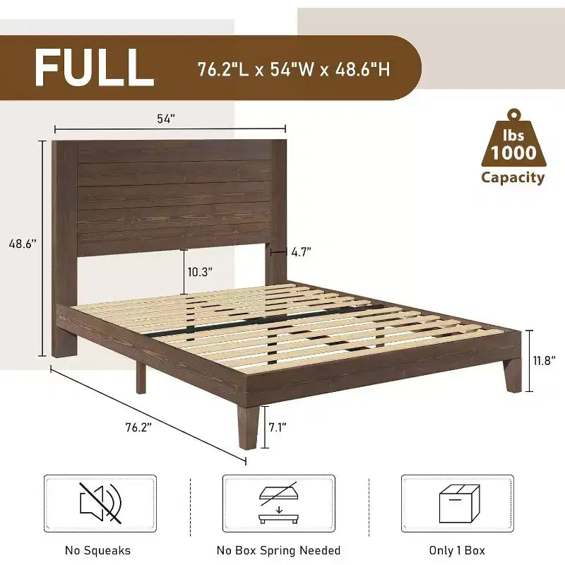 AMERLIFE Mid-Century Modern Platform Bed with 48 Headboard