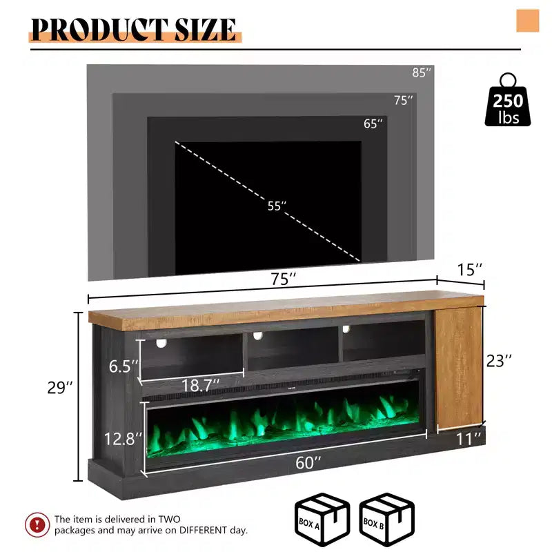 AMERLIFE 75 TV Stand with 60 Glass Electric Fireplace