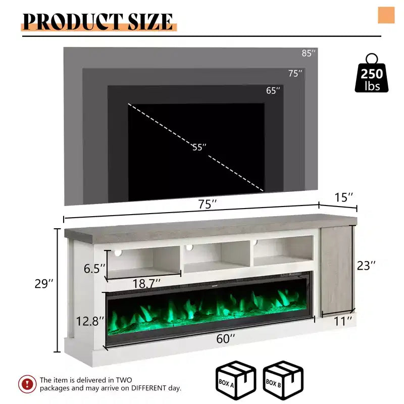 AMERLIFE 75 TV Stand with 60 Glass Electric Fireplace