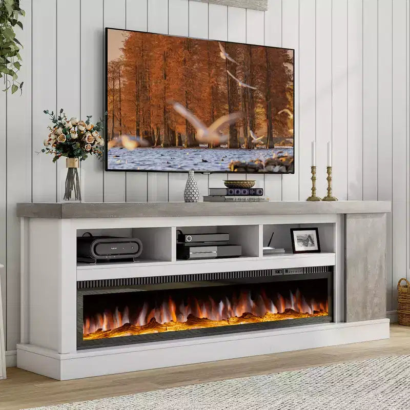 AMERLIFE 75 TV Stand with 60 Glass Electric Fireplace