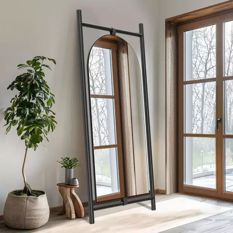 Arched Full Length Mirror, 71x31 Floor Mirror with Brackets, Tempered Full Body Mirror and Removable Wood Art Carving for Bedroom Living Room, Black