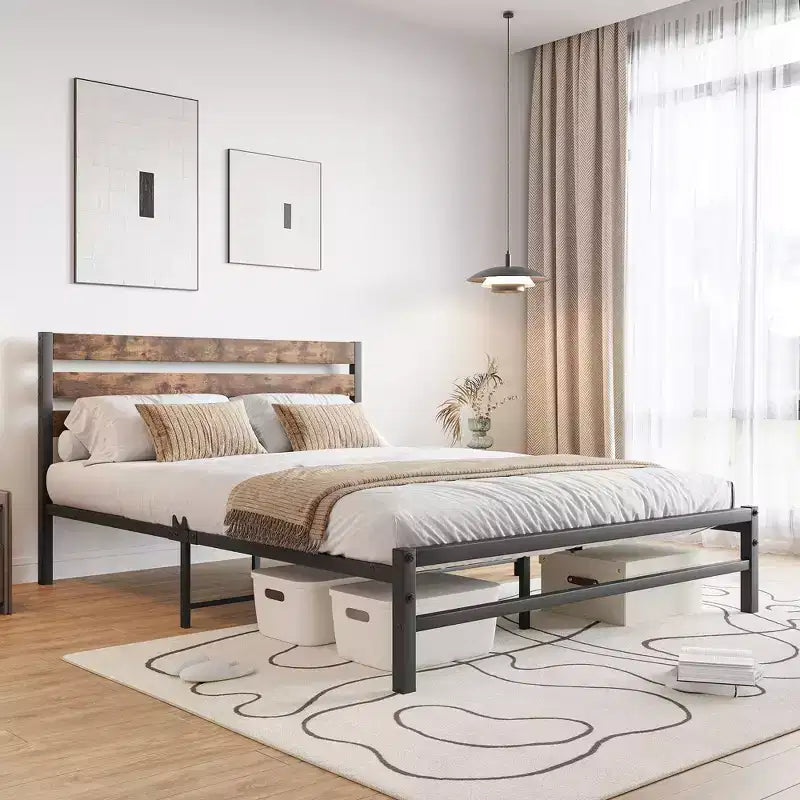 Okak Queen Size Bed Frame, Queen Platform Bed Frame with Rustic Vintage Wood Headboard, Strong Metal Slats Support Mattress Foundation, Brown