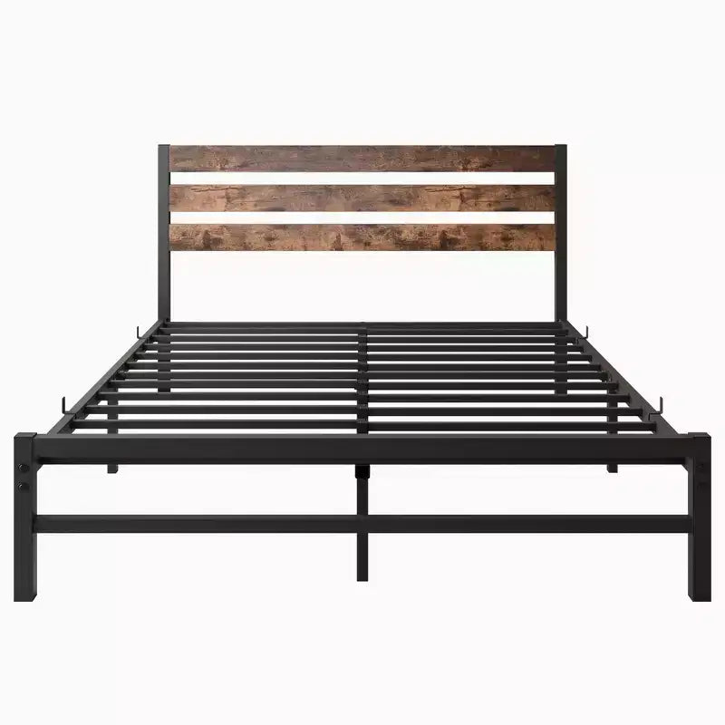 Okak Queen Size Bed Frame, Queen Platform Bed Frame with Rustic Vintage Wood Headboard, Strong Metal Slats Support Mattress Foundation, Brown