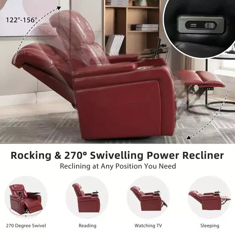 270 Swivel Power Recliner Chair with Tray Table, Phone Holder, Cup Holder & USB Port, PU Leather Home Theater Seat w/ Arm Storage - ModernLuxe