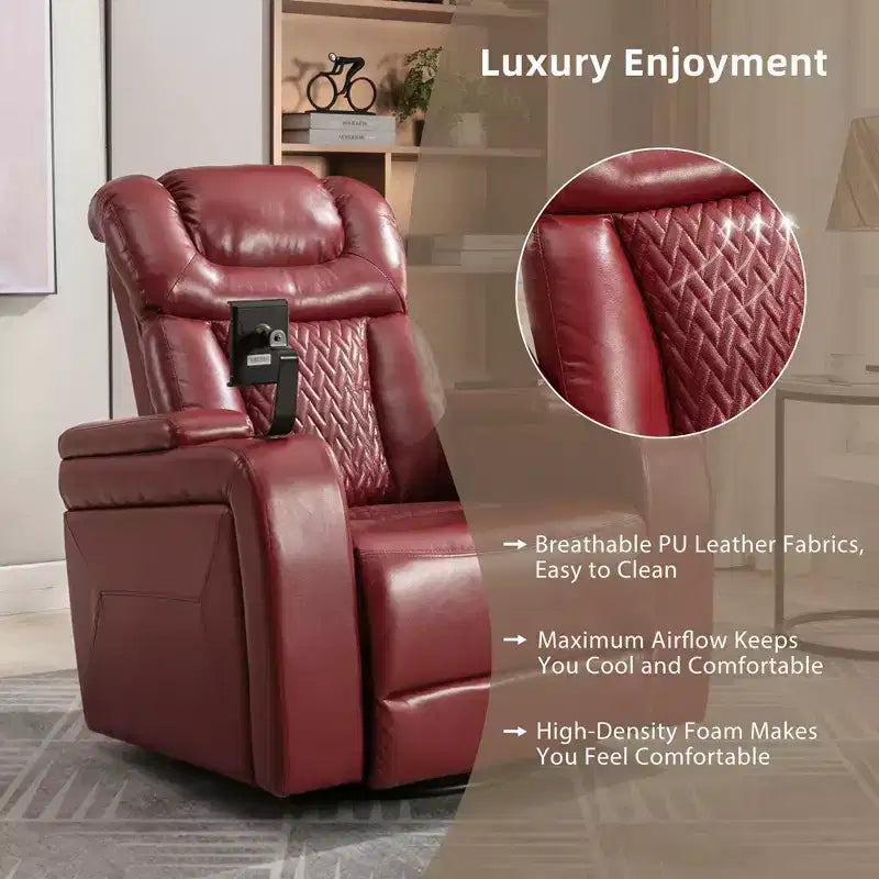 270 Swivel Power Recliner Chair with Tray Table, Phone Holder, Cup Holder & USB Port, PU Leather Home Theater Seat w/ Arm Storage - ModernLuxe