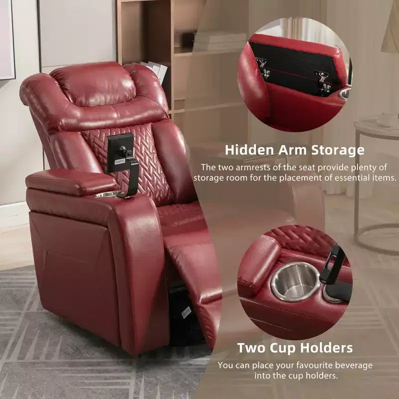 270 Swivel Power Recliner Chair with Tray Table, Phone Holder, Cup Holder & USB Port, PU Leather Home Theater Seat w/ Arm Storage - ModernLuxe