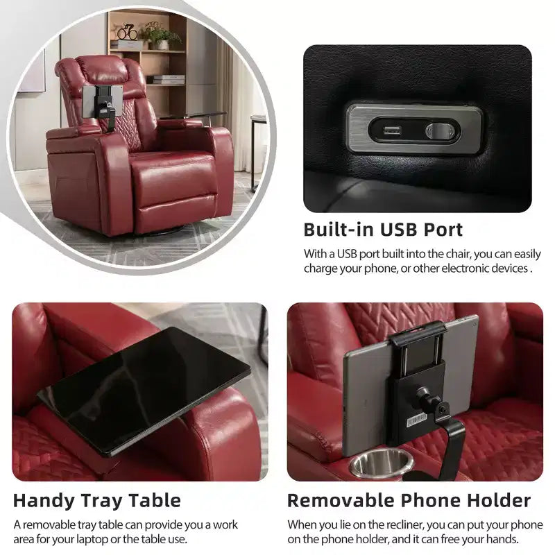 270 Swivel Power Recliner Chair with Tray Table, Phone Holder, Cup Holder & USB Port, PU Leather Home Theater Seat w/ Arm Storage - ModernLuxe