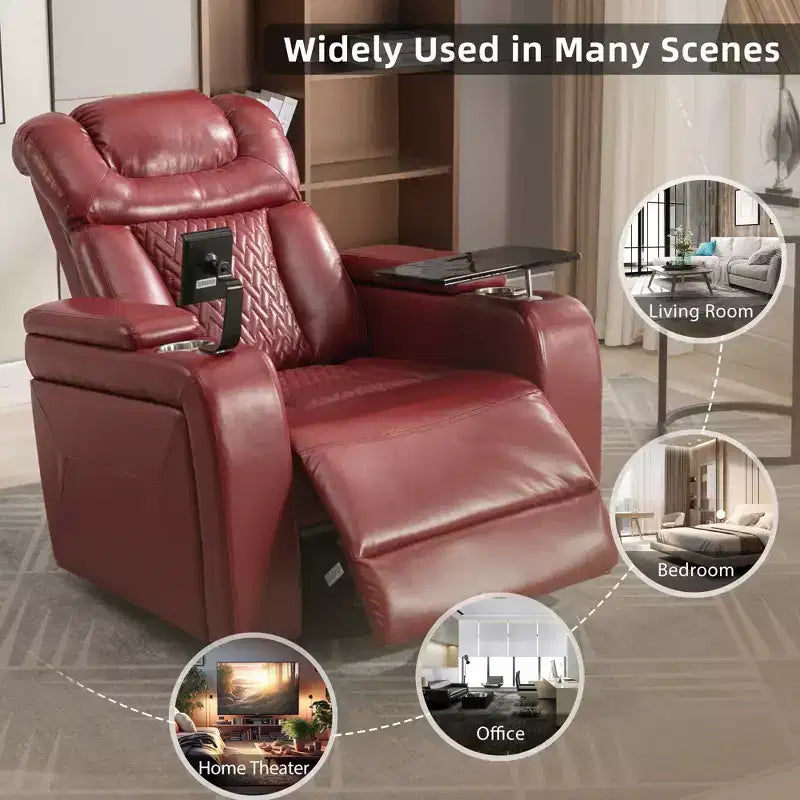 270 Swivel Power Recliner Chair with Tray Table, Phone Holder, Cup Holder & USB Port, PU Leather Home Theater Seat w/ Arm Storage - ModernLuxe