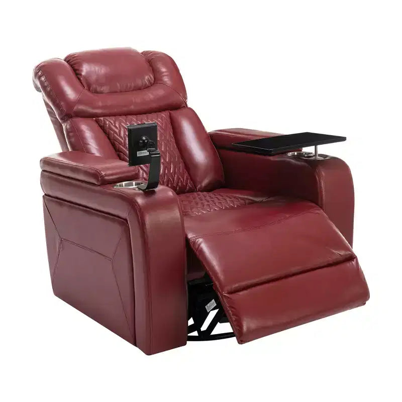 270 Swivel Power Recliner Chair with Tray Table, Phone Holder, Cup Holder & USB Port, PU Leather Home Theater Seat w/ Arm Storage - ModernLuxe