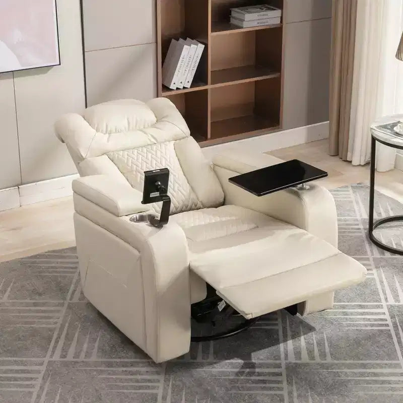 270 Swivel Power Recliner Chair with Tray Table, Phone Holder, Cup Holder & USB Port, PU Leather Home Theater Seat w/ Arm Storage - ModernLuxe