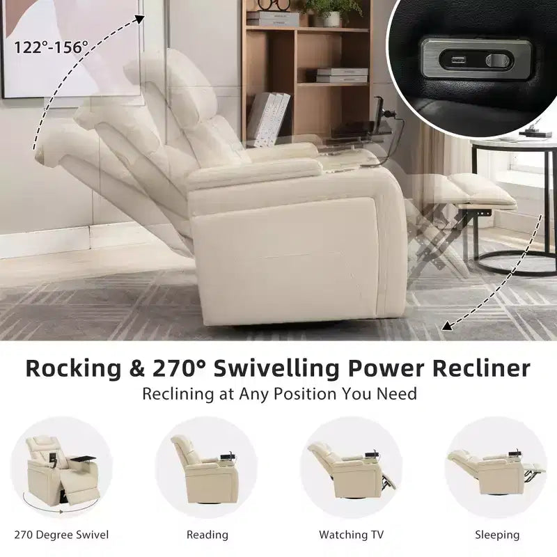 270 Swivel Power Recliner Chair with Tray Table, Phone Holder, Cup Holder & USB Port, PU Leather Home Theater Seat w/ Arm Storage - ModernLuxe