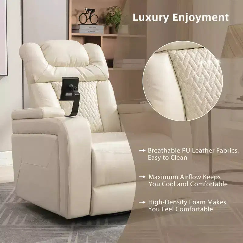 270 Swivel Power Recliner Chair with Tray Table, Phone Holder, Cup Holder & USB Port, PU Leather Home Theater Seat w/ Arm Storage - ModernLuxe