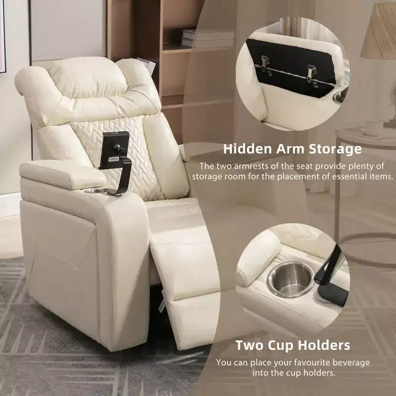 270 Swivel Power Recliner Chair with Tray Table, Phone Holder, Cup Holder & USB Port, PU Leather Home Theater Seat w/ Arm Storage - ModernLuxe