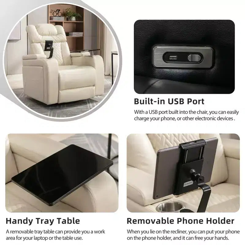 270 Swivel Power Recliner Chair with Tray Table, Phone Holder, Cup Holder & USB Port, PU Leather Home Theater Seat w/ Arm Storage - ModernLuxe
