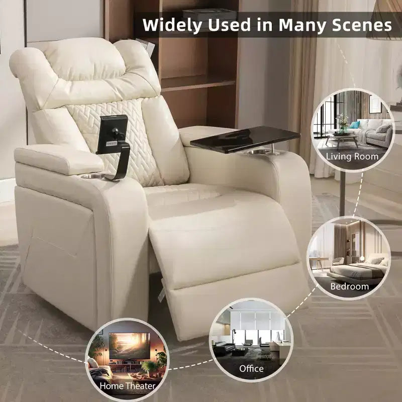 270 Swivel Power Recliner Chair with Tray Table, Phone Holder, Cup Holder & USB Port, PU Leather Home Theater Seat w/ Arm Storage - ModernLuxe