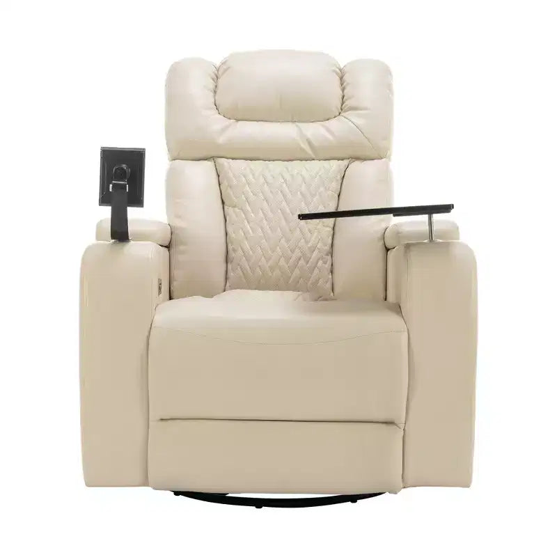 270 Swivel Power Recliner Chair with Tray Table, Phone Holder, Cup Holder & USB Port, PU Leather Home Theater Seat w/ Arm Storage - ModernLuxe