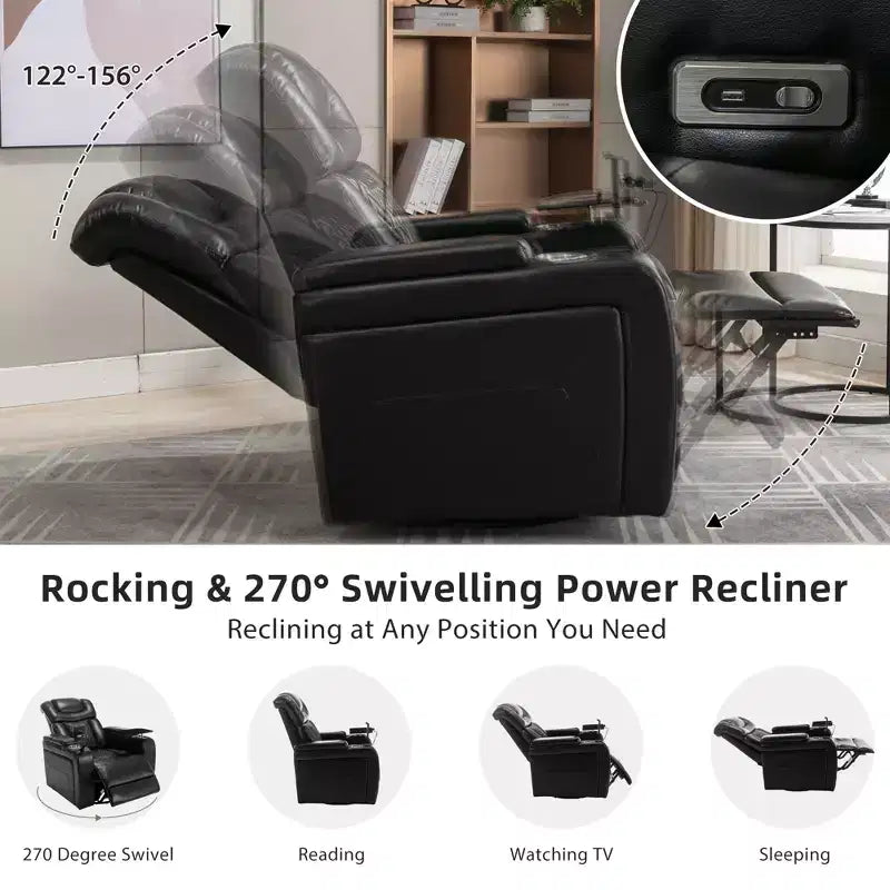 270 Swivel Power Recliner Chair with Tray Table, Phone Holder, Cup Holder & USB Port, PU Leather Home Theater Seat w/ Arm Storage - ModernLuxe