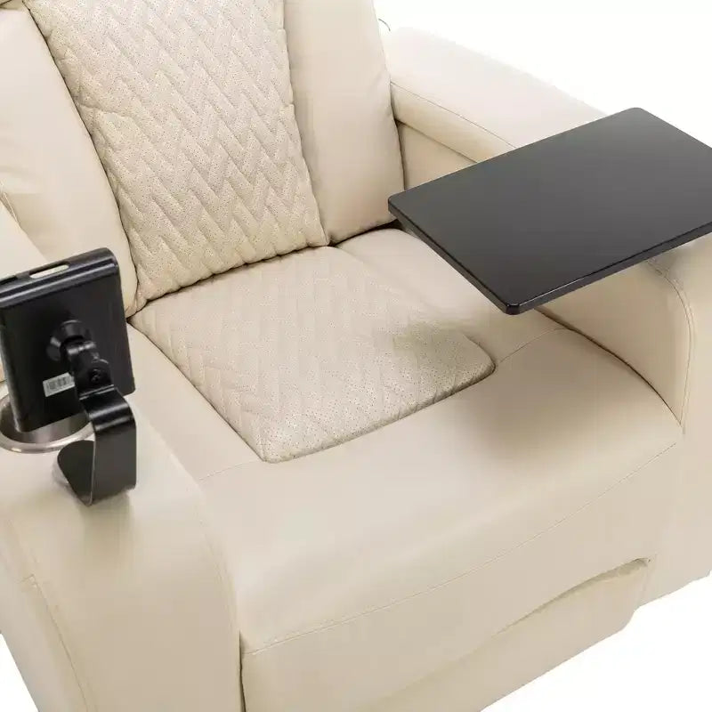 270 Swivel Power Recliner Chair with Tray Table, Phone Holder, Cup Holder & USB Port, PU Leather Home Theater Seat w/ Arm Storage - ModernLuxe