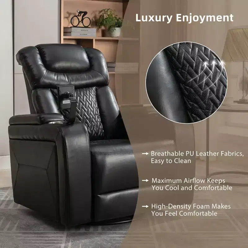 270 Swivel Power Recliner Chair with Tray Table, Phone Holder, Cup Holder & USB Port, PU Leather Home Theater Seat w/ Arm Storage - ModernLuxe