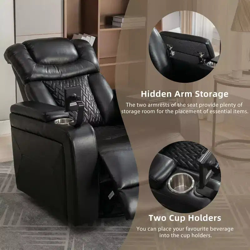 270 Swivel Power Recliner Chair with Tray Table, Phone Holder, Cup Holder & USB Port, PU Leather Home Theater Seat w/ Arm Storage - ModernLuxe