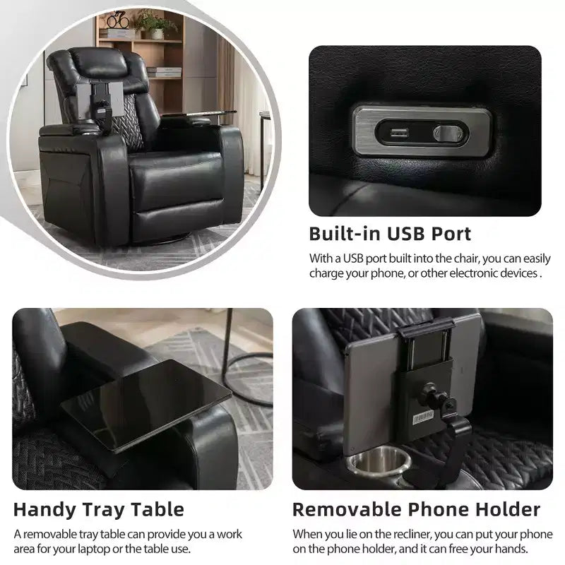 270 Swivel Power Recliner Chair with Tray Table, Phone Holder, Cup Holder & USB Port, PU Leather Home Theater Seat w/ Arm Storage - ModernLuxe