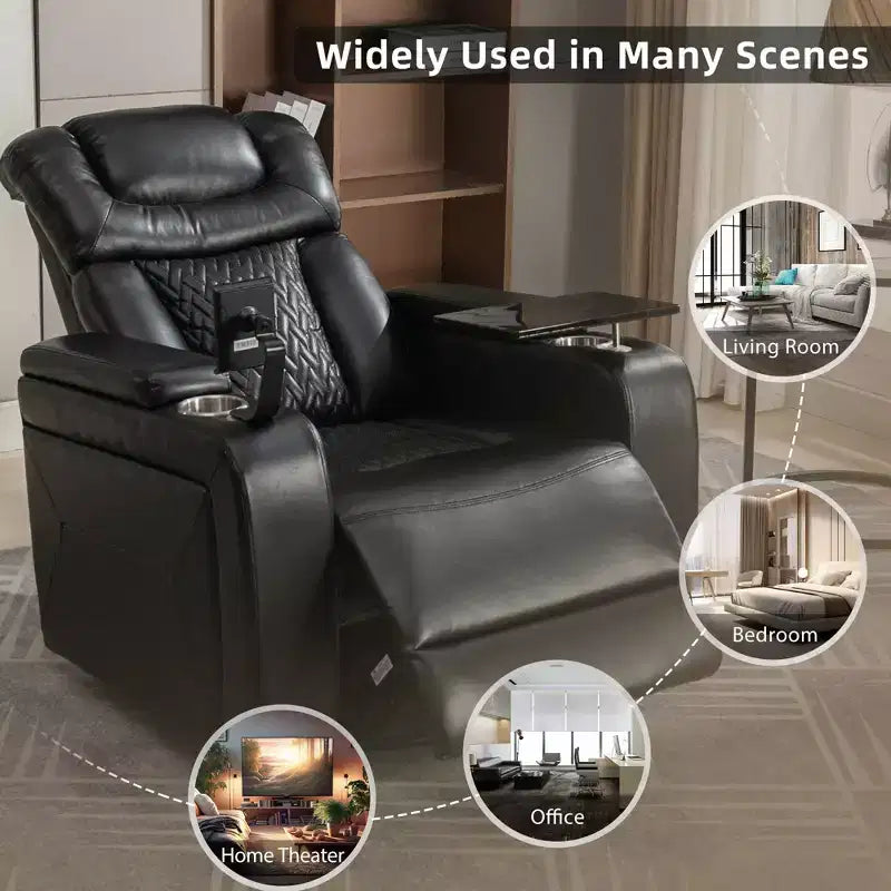 270 Swivel Power Recliner Chair with Tray Table, Phone Holder, Cup Holder & USB Port, PU Leather Home Theater Seat w/ Arm Storage - ModernLuxe