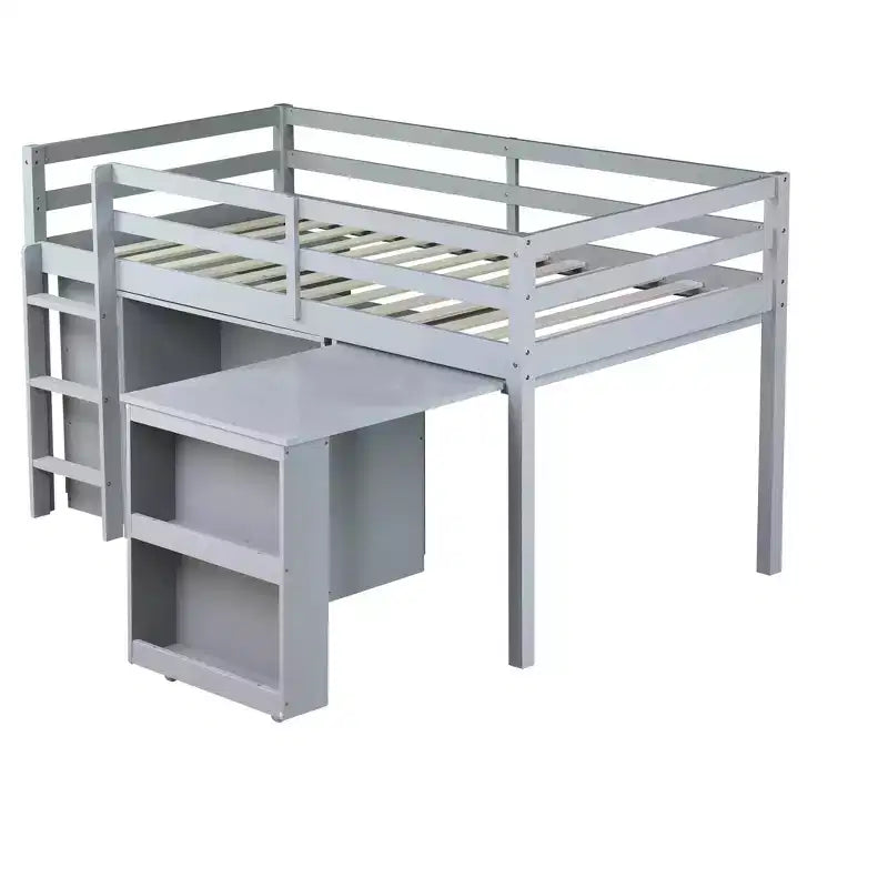 Twin Size Loft Bed with Pull-Out Desk, Storage Drawers, Cabinets & Ladder, Rubber Wood Frame with Safety Guardrail, White/Gray - ModernLuxe