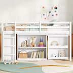 Twin Size Loft Bed with Pull-Out Desk, Storage Drawers, Cabinets & Ladder, Rubber Wood Frame with Safety Guardrail, White/Gray - ModernLuxe