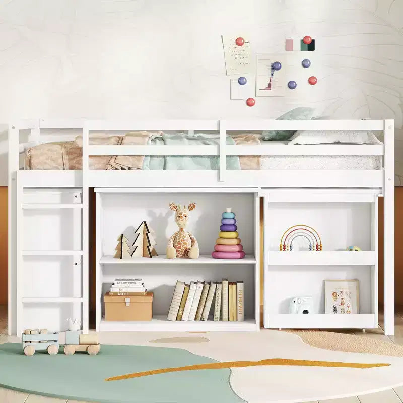 Twin Size Loft Bed with Pull-Out Desk, Storage Drawers, Cabinets & Ladder, Rubber Wood Frame with Safety Guardrail, White/Gray - ModernLuxe