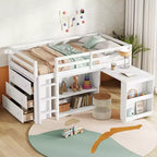 Twin Size Loft Bed with Pull-Out Desk, Storage Drawers, Cabinets & Ladder, Rubber Wood Frame with Safety Guardrail, White/Gray - ModernLuxe