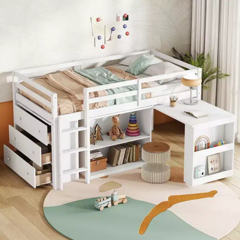 Twin Size Loft Bed with Pull-Out Desk, Storage Drawers, Cabinets & Ladder, Rubber Wood Frame with Safety Guardrail, White/Gray - ModernLuxe