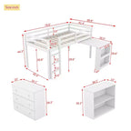 Twin Size Loft Bed with Pull-Out Desk, Storage Drawers, Cabinets & Ladder, Rubber Wood Frame with Safety Guardrail, White/Gray - ModernLuxe