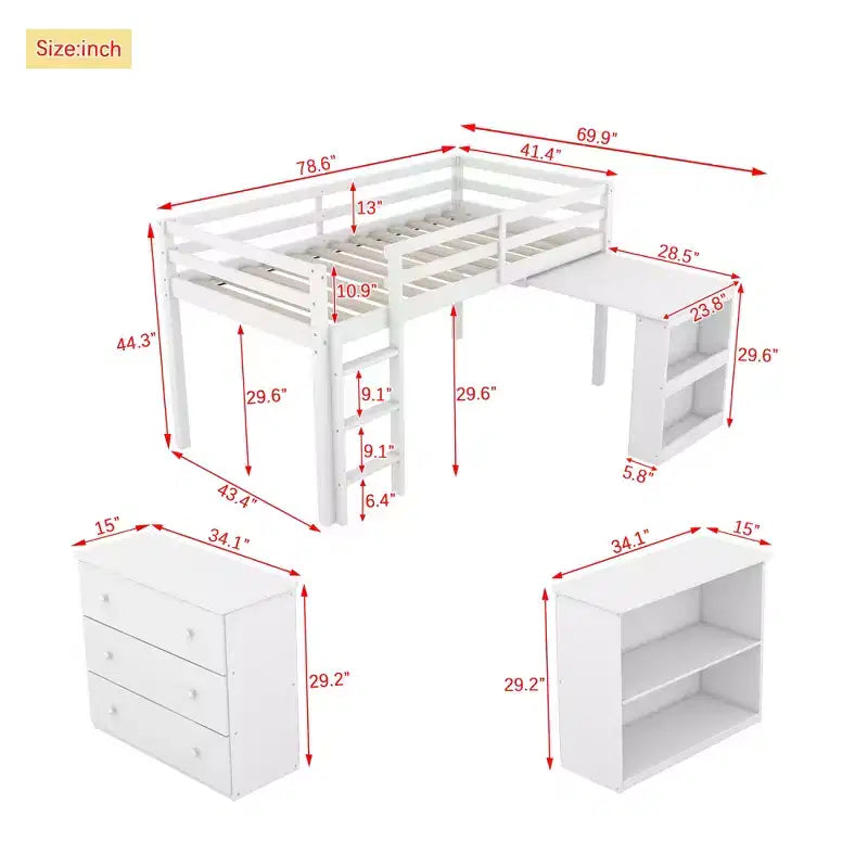 Twin Size Loft Bed with Pull-Out Desk, Storage Drawers, Cabinets & Ladder, Rubber Wood Frame with Safety Guardrail, White/Gray - ModernLuxe