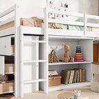 Twin Size Loft Bed with Pull-Out Desk, Storage Drawers, Cabinets & Ladder, Rubber Wood Frame with Safety Guardrail, White/Gray - ModernLuxe