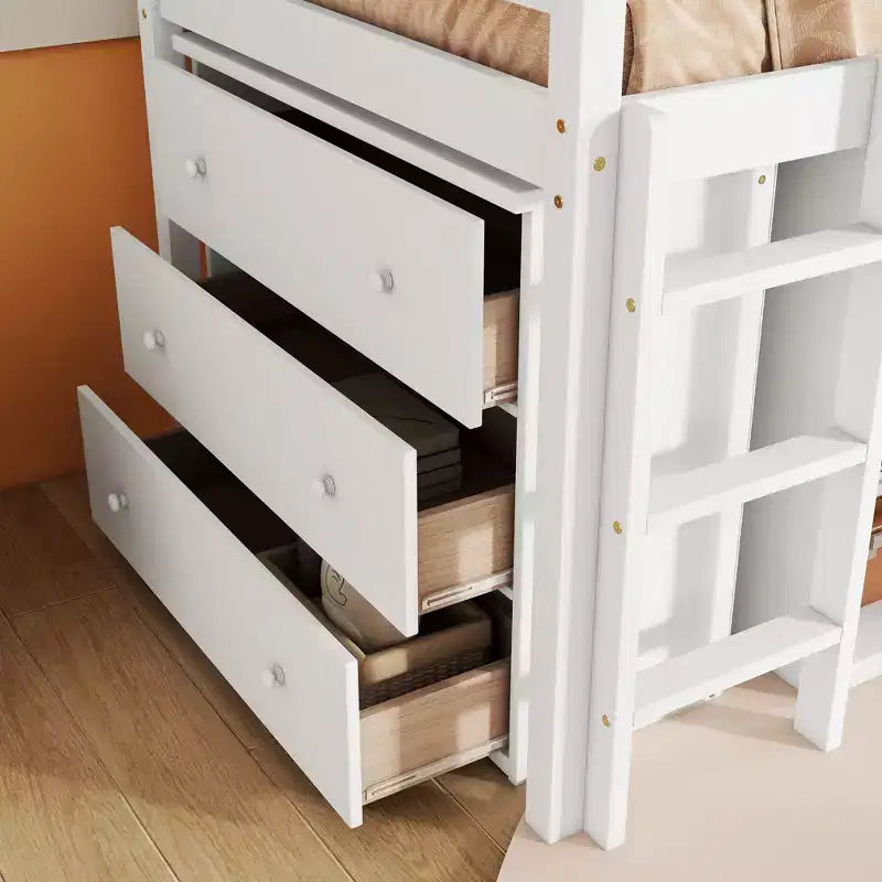 Twin Size Loft Bed with Pull-Out Desk, Storage Drawers, Cabinets & Ladder, Rubber Wood Frame with Safety Guardrail, White/Gray - ModernLuxe