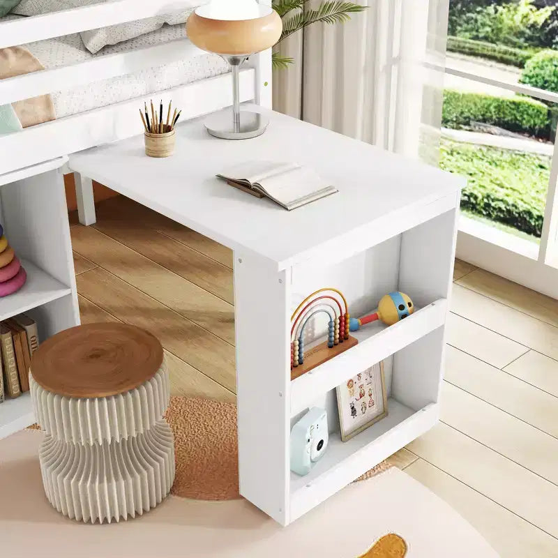 Twin Size Loft Bed with Pull-Out Desk, Storage Drawers, Cabinets & Ladder, Rubber Wood Frame with Safety Guardrail, White/Gray - ModernLuxe