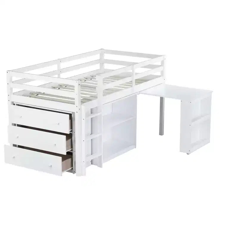 Twin Size Loft Bed with Pull-Out Desk, Storage Drawers, Cabinets & Ladder, Rubber Wood Frame with Safety Guardrail, White/Gray - ModernLuxe