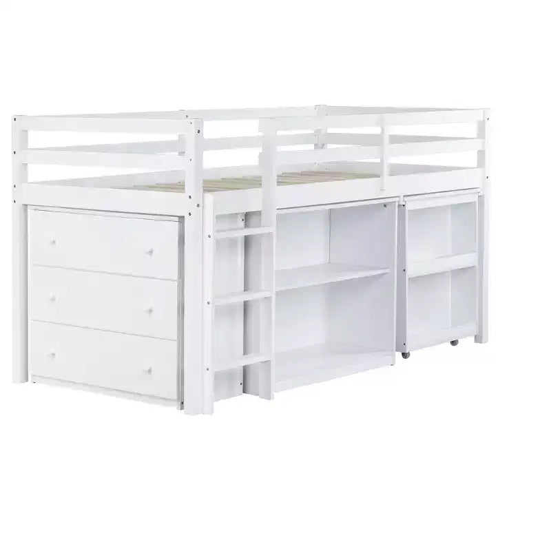 Twin Size Loft Bed with Pull-Out Desk, Storage Drawers, Cabinets & Ladder, Rubber Wood Frame with Safety Guardrail, White/Gray - ModernLuxe