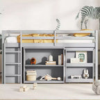 Twin Size Loft Bed with Pull-Out Desk, Storage Drawers, Cabinets & Ladder, Rubber Wood Frame with Safety Guardrail, White/Gray - ModernLuxe
