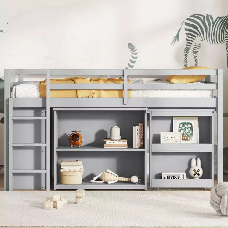 Twin Size Loft Bed with Pull-Out Desk, Storage Drawers, Cabinets & Ladder, Rubber Wood Frame with Safety Guardrail, White/Gray - ModernLuxe