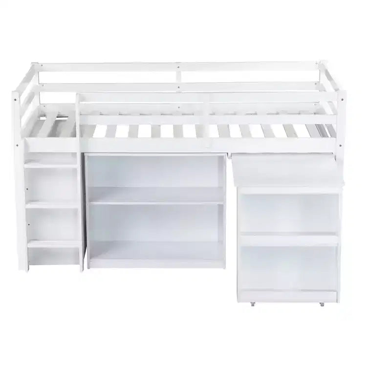 Twin Size Loft Bed with Pull-Out Desk, Storage Drawers, Cabinets & Ladder, Rubber Wood Frame with Safety Guardrail, White/Gray - ModernLuxe