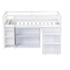 Twin Size Loft Bed with Pull-Out Desk, Storage Drawers, Cabinets & Ladder, Rubber Wood Frame with Safety Guardrail, White/Gray - ModernLuxe