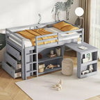 Twin Size Loft Bed with Pull-Out Desk, Storage Drawers, Cabinets & Ladder, Rubber Wood Frame with Safety Guardrail, White/Gray - ModernLuxe