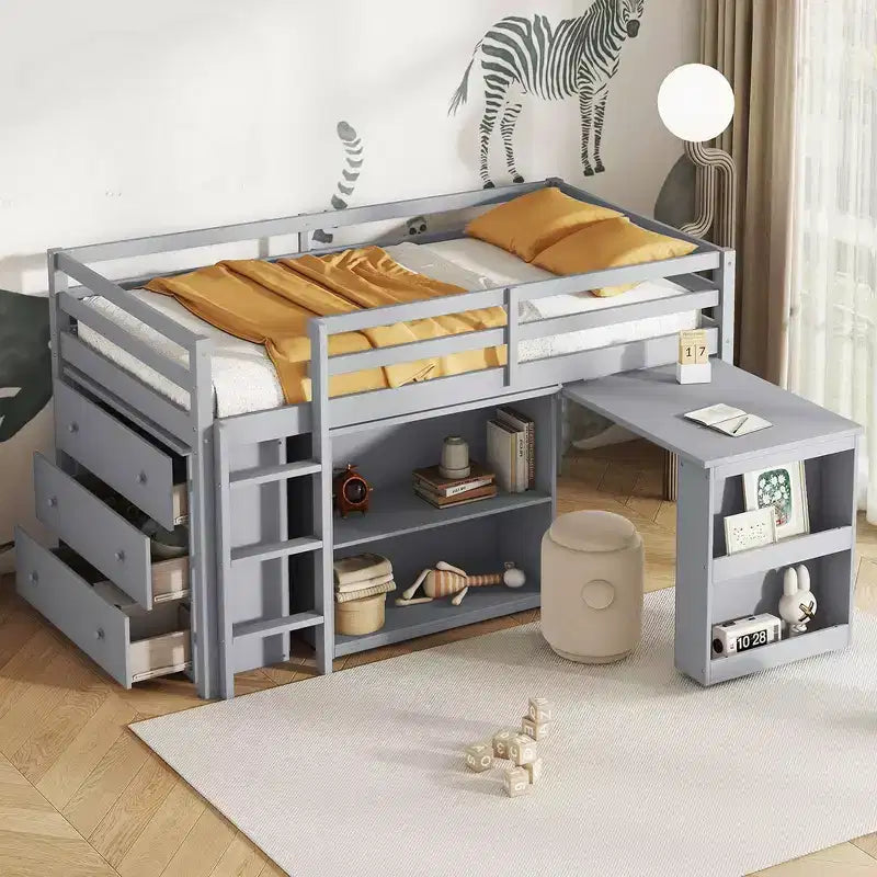 Twin Size Loft Bed with Pull-Out Desk, Storage Drawers, Cabinets & Ladder, Rubber Wood Frame with Safety Guardrail, White/Gray - ModernLuxe