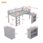 Twin Size Loft Bed with Pull-Out Desk, Storage Drawers, Cabinets & Ladder, Rubber Wood Frame with Safety Guardrail, White/Gray - ModernLuxe