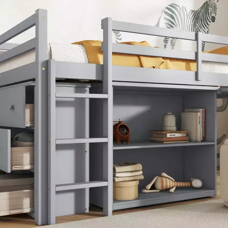 Twin Size Loft Bed with Pull-Out Desk, Storage Drawers, Cabinets & Ladder, Rubber Wood Frame with Safety Guardrail, White/Gray - ModernLuxe