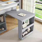 Twin Size Loft Bed with Pull-Out Desk, Storage Drawers, Cabinets & Ladder, Rubber Wood Frame with Safety Guardrail, White/Gray - ModernLuxe