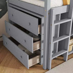 Twin Size Loft Bed with Pull-Out Desk, Storage Drawers, Cabinets & Ladder, Rubber Wood Frame with Safety Guardrail, White/Gray - ModernLuxe