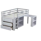 Twin Size Loft Bed with Pull-Out Desk, Storage Drawers, Cabinets & Ladder, Rubber Wood Frame with Safety Guardrail, White/Gray - ModernLuxe